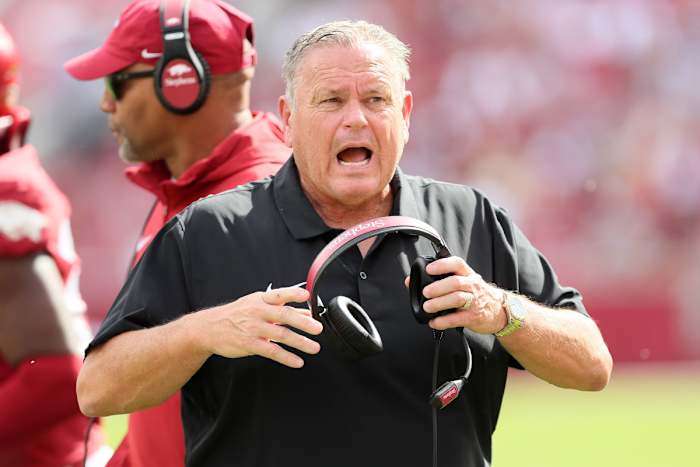 Oct 21, 2023; Fayetteville, Arkansas, USA; Arkansas Razorbacks head coach Sam Pittman reacts during the second half against the Mississippi State Bulldogs at Donald W. Reynolds Razorback Stadium. Mississippi State won 7-3. Mandatory Credit: Nelson Chenault-USA TODAY Sports